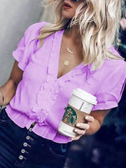 Blusas de gasa irregulares de manga corta con cuello en V liso