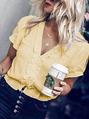 Blusas de gasa irregulares de manga corta con cuello en V liso