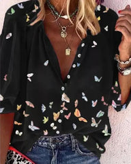 Zipper V Neck Butterfly Top