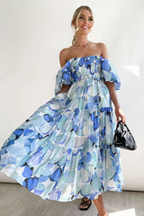 Darling Daylily Floral Print Off Shoulder Smocked Maxi Dress