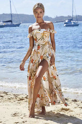 Vestido largo con estampado de volantes en los hombros