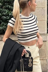 Top de punto de manga corta a rayas Cool Girl Essence
