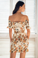 Minivestido plisado con hombros descubiertos y estampado de girasoles