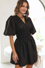 Always In Mind Puff Sleeve Pleated Mini Dress