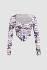 Butterfly Print Long Sleeve Corset Top