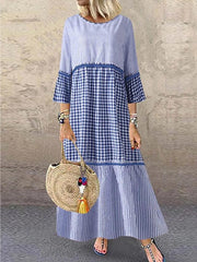 Vestido recto Maxi Vestido largo Manga larga Rayas Patchwork Verano Caliente Casual Algodón Negro Azul ML XL XXL 3XL 4XL 5XL