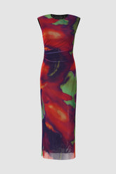 Abstract Print Sheer Mesh Sleeveless Midi Dress
