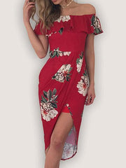 Hermoso vestido midi de algodón con estampado floral y volantes con hombros descubiertos