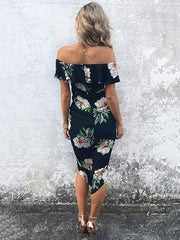 Hermoso vestido midi de algodón con estampado floral y volantes con hombros descubiertos