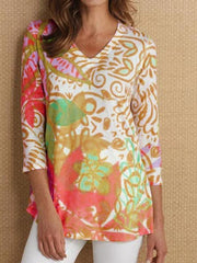 Printed V neck Women casual T-shirts