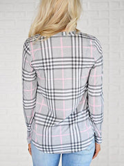 Camisetas casuales lisas de cuello redondo, manga larga y cuadrícula