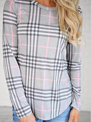 Camisetas casuales lisas de cuello redondo, manga larga y cuadrícula