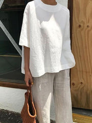 Blusas de lino y algodón lisas, informales y holgadas, de talla grande, para mujer