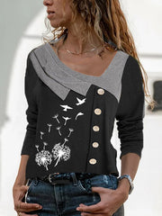 Printed irregular neck women long sleeve printed T-shirts