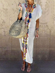 Vestidos largos de manga corta con cuello en V y estampado liso