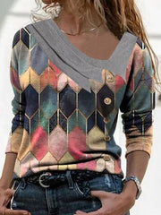 Printed irregular neck women long sleeve printed T-shirts