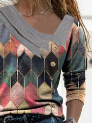 Printed irregular neck women long sleeve printed T-shirts