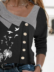 Printed irregular neck women long sleeve printed T-shirts