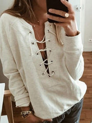 Sudadera lisa de manga larga con cuello en V y lazo para mujer