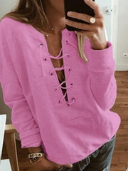 Sudadera lisa de manga larga con cuello en V y lazo para mujer