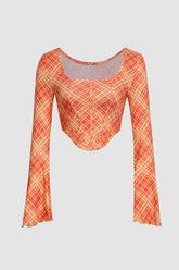 Check Print Square Long Sleeve Top