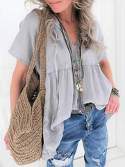 Camiseta lisa de manga corta con cuello en V para mujer de talla grande