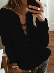 Sudadera lisa de manga larga con cuello en V y lazo para mujer