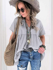 Camiseta lisa de manga corta con cuello en V para mujer de talla grande