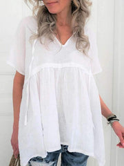 Camiseta lisa de manga corta con cuello en V para mujer de talla grande