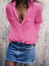 Blusa informal holgada de manga larga con bolsillos para mujer