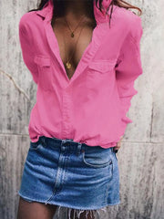 Schlichte, lockere, lässige Langarmbluse für Damen mit Taschen