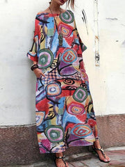 Vestidos largos de cuello redondo en mezcla de algodón y lino estampados