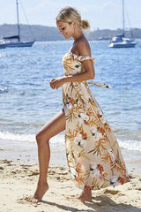 Vestido largo con estampado de volantes en los hombros
