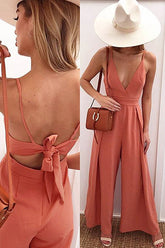 Bowknot-back Wide-leg V-neck Jumpsuit