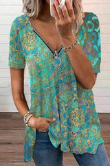 Camiseta casual estampada con cuello en V y cremallera