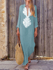 Vestido largo bohemio informal de lino y algodón de talla grande, manga larga, liso, holgado, cuello en V, para mujer