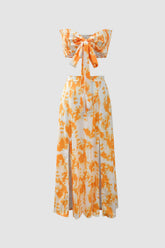 Set mit Tube-Top mit abstraktem Print und Bindeband vorne und Schlitzrock