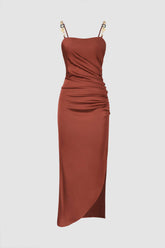 Chain Strap Satin Asymmetric Midi Dress