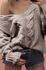 Suéter holgado casual de manga larga con cuello en V liso