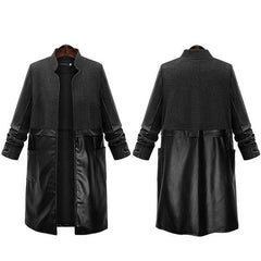 PU Leather Woolen Coat Stitching Outwear
