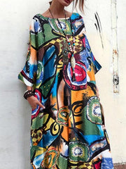 Vestidos largos de cuello redondo en mezcla de algodón y lino estampados