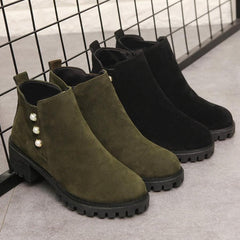 Botines de terciopelo con punta redonda, tacón bajo y grueso, lisos y con diseño de cita