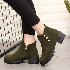 Botines de terciopelo con punta redonda, tacón bajo y grueso, lisos y con diseño de cita