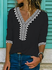 Paisley-Halbarm-Print-V-Ausschnitt aus Baumwollmischung im Vintage-Sommer-Look in Schwarz