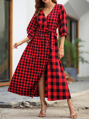 Plaid Half-sleeved vintage maxi dress