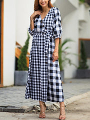 Plaid Half-sleeved vintage maxi dress
