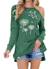 Ein schulterfreies, blumenbedrucktes Damen-T-Shirt mit langem Schnitt