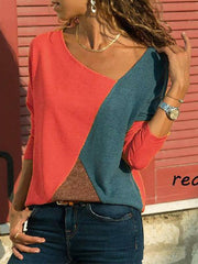 Camiseta informal de manga larga con cuello redondo y costuras a juego de talla grande