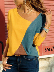 Camiseta informal de manga larga con cuello redondo y costuras a juego de talla grande