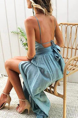 Vestido largo princesa con lazo en color azul lago